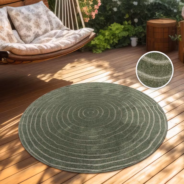 Alfombra redonda Paco Home de estilo escandinavo bohemio en color verde, ideal para exterior, terraza o salón, Diámetro: 200 cm