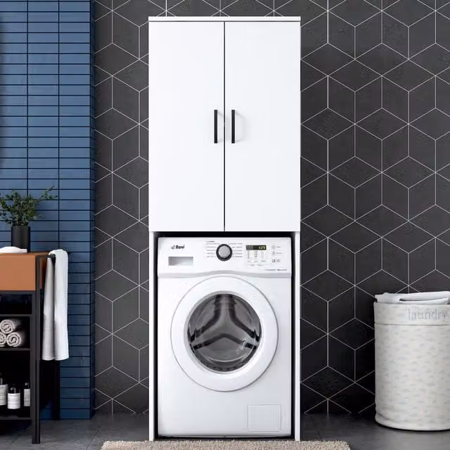 Mueble para lavadora KROSI DECOR blanco con puertas batientes y estantes internos An/P/Al: 65 x 62,5 x 181,8 cm