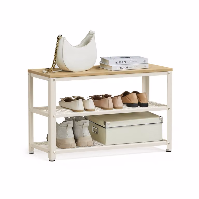 VASAGLE Banco Zapatero Industrial con 2 Estantes, Roble y Blanco, An/P/Al: 73 x 30 x 45 cm