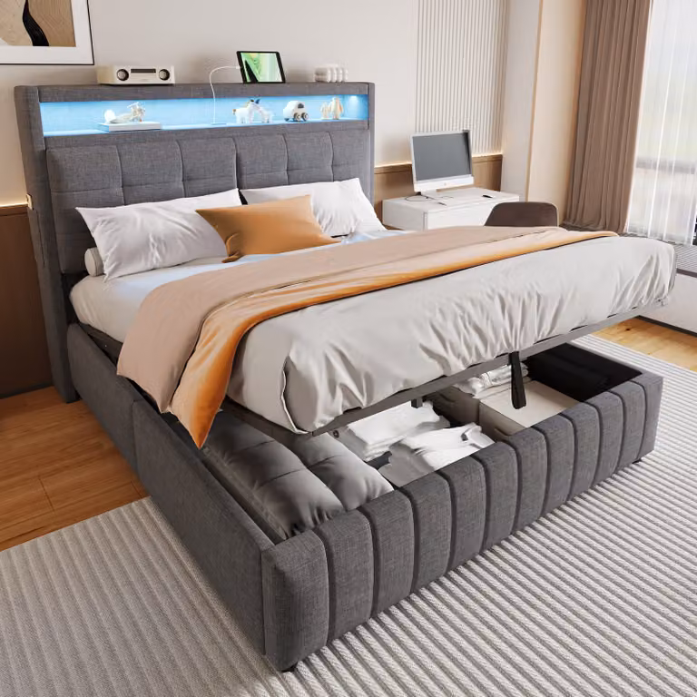 Cama de matrimonio tapizada MODFU en lino gris con iluminación LED, puertos USB, estantes y almacenamiento hidráulico, incluye colchón, An/P: 160 x 200 cm