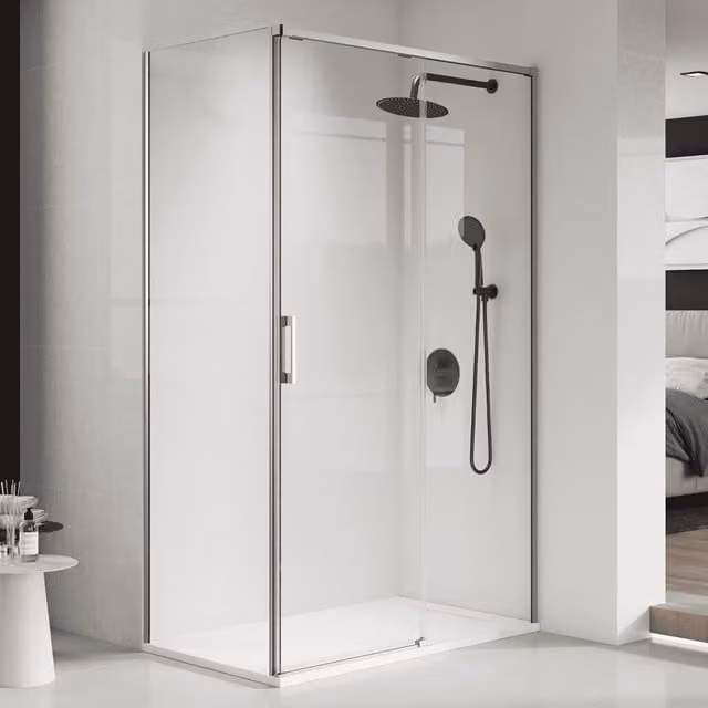 Mampara de ducha rectangular corredera BAÑO TOTAL transparente con perfil de acero cepillado, An/P/Al: 80 x 145 x 195 cm