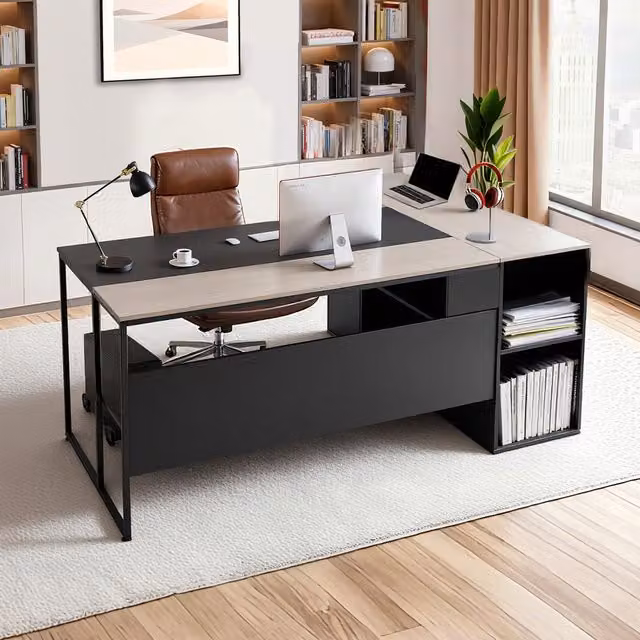 Escritorio ejecutivo en forma de L Vevor con cajones y soporte para CPU, diseño moderno en madera MDF laminada, disponible en gris o negro, An/P/Al: 180 x 158,7 x 75 cm