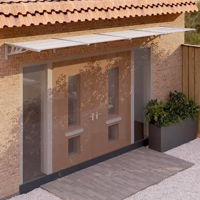 Marquesina para puerta vidaXL de policarbonato y aluminio en gris y transparente, An x Al: 396 x 90 cm