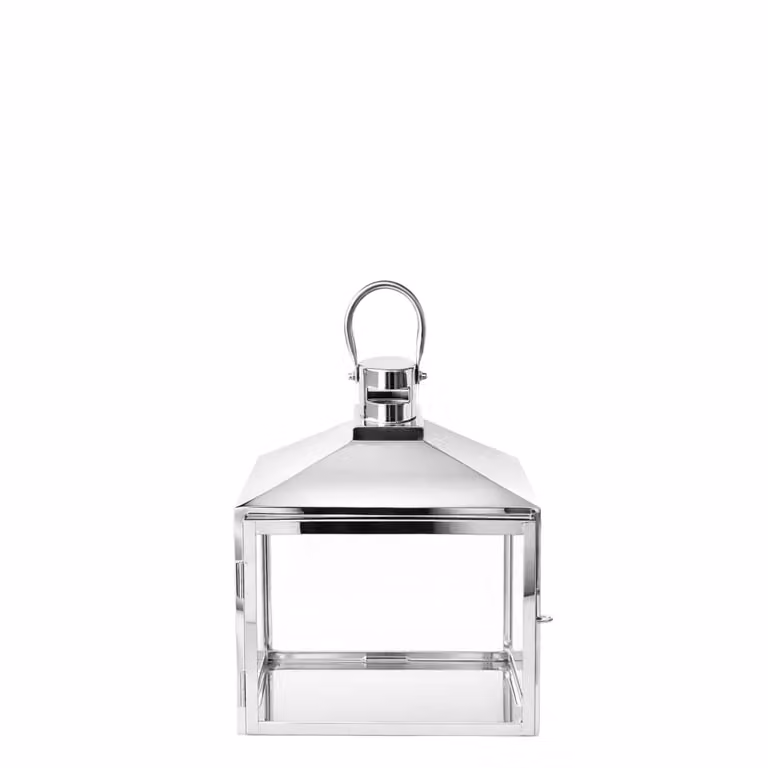 Farol decorativo moderno Sia Deco de vidrio y metal plateado para mesa, Altura: 27 cm