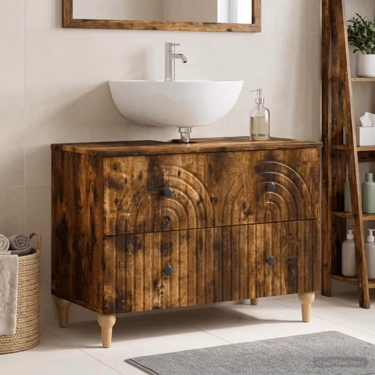 Mueble de baño Prolenta de madera y compuesto en color marrón roble con puertas y cajones, diseño moderno y acabado mate, An: 82 cm, P: 41 cm, Al: 59 cm