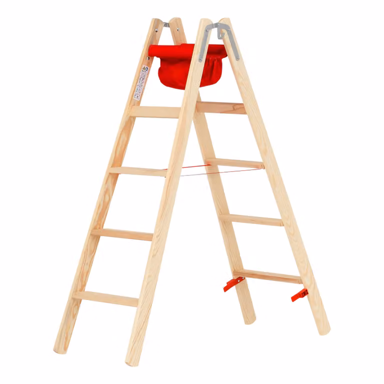 Escalera de madera Hymer de 2x5 peldaños color marrón con bandeja y altura de trabajo de 2,85 m