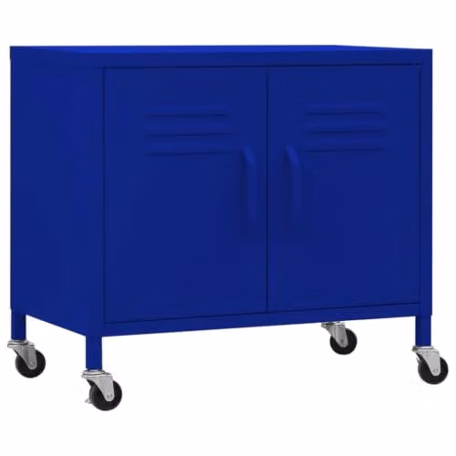 Armario de almacenamiento móvil Helloshop26 con estantes internos y puertas batientes en metal azul mate, An: 60 cm, P: 35 cm, Al: 56 cm