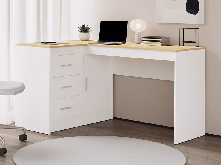 Escritorio de esquina moderno con almacenamiento RIDOVA en color blanco y beige, An: 140 cm, P: 90 cm, Al: 75 cm