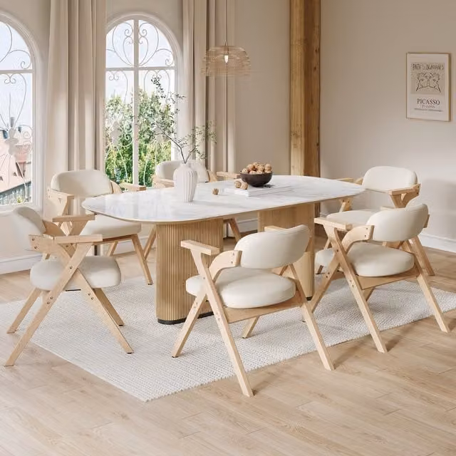 Juego de 6 sillas plegables MODFU con reposabrazos, estructura de madera maciza y asiento de lino en color beige