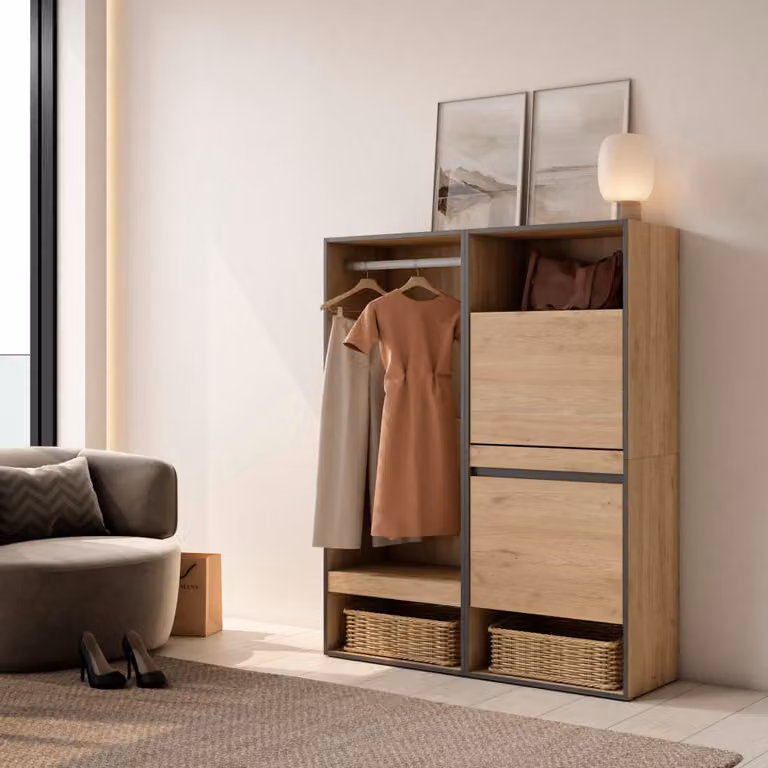 Vestidor abierto Skraut Home efecto roble con estantes y barra de colgar An/P/Al: 120 x 35 x 145 cm