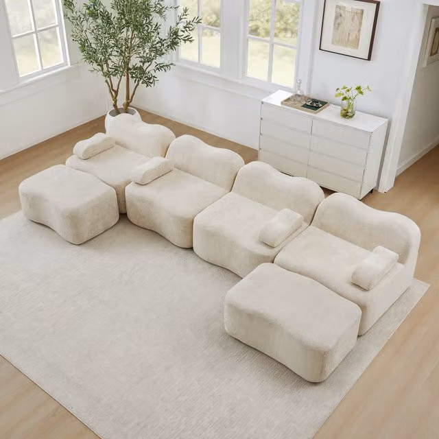 Sofá Modular de 4 Plazas HAUSS SPOLE en Terciopelo Beige con 2 Reposapiés y Diseño Ondulado para Salón