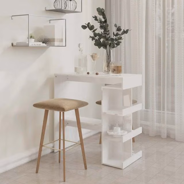 Mesa bar SYFAX con estante en aglomerado blanco brillo, An/P/Al: 100 x 50 x 101,5 cm