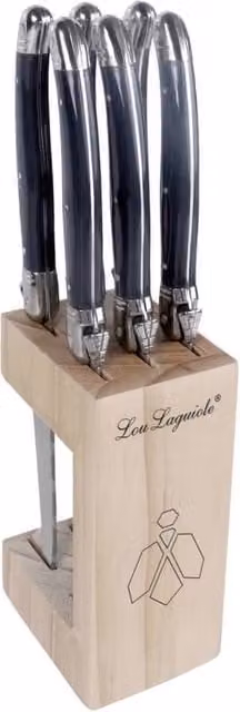 Set de 6 cuchillos para carne Lou Laguiole con bloque de madera en gris oscuro y negro con hojas de acero inoxidable y espiga completa