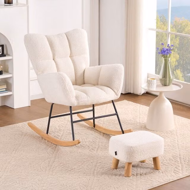 Mecedora con taburete NARA Home Deluxe en tejido bouclé blanco