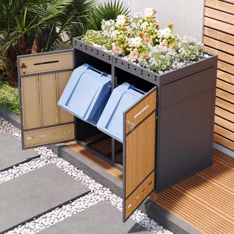 Caja para contenedores de basura STILVORA con techo ajardinado en color gris para contenedores de 120 a 240 litros