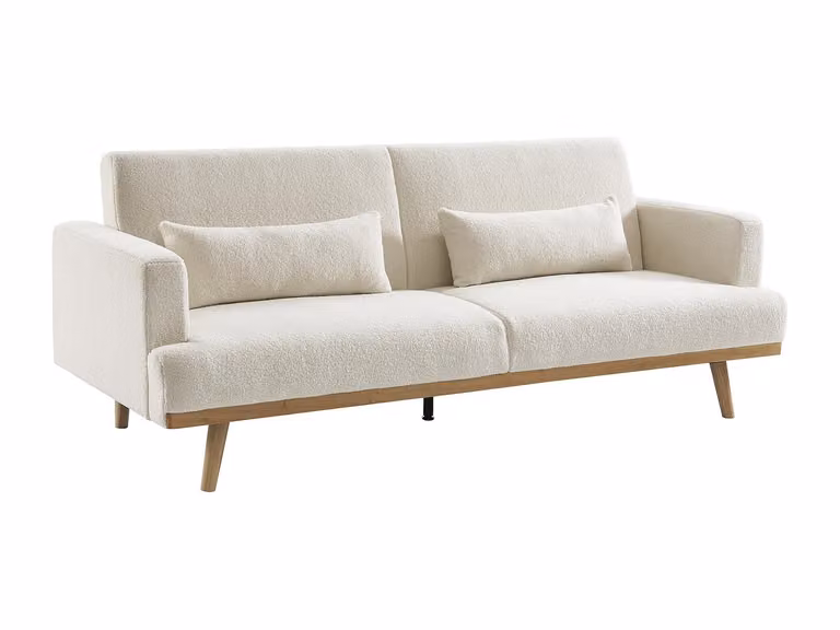 Sofá cama de 3 plazas ESME en tela boucle blanco con estructura de madera y sistema click-clack para salón, An/P/Al: 216 x 85 x 89 cm