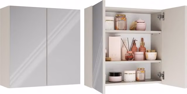Armario de baño suspendido TOPESHOP con espejo y 2 puertas de cristal en color blanco y beige