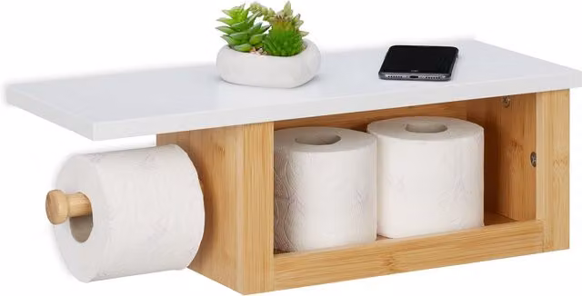Portarrollos de papel higiénico de pared con estante y compartimento para repuesto Relaxdays de bambú y madera, color blanco y beige, An/P/Al: 50 x 18 x 17 cm