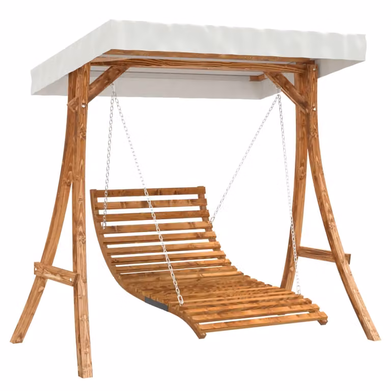 Tumbona columpio vidaXL de madera de abeto con acabado de teca, toldo y cojines para jardín o terraza, color marrón y blanco, An/P/Al: 175 x 161,5 x 110 cm
