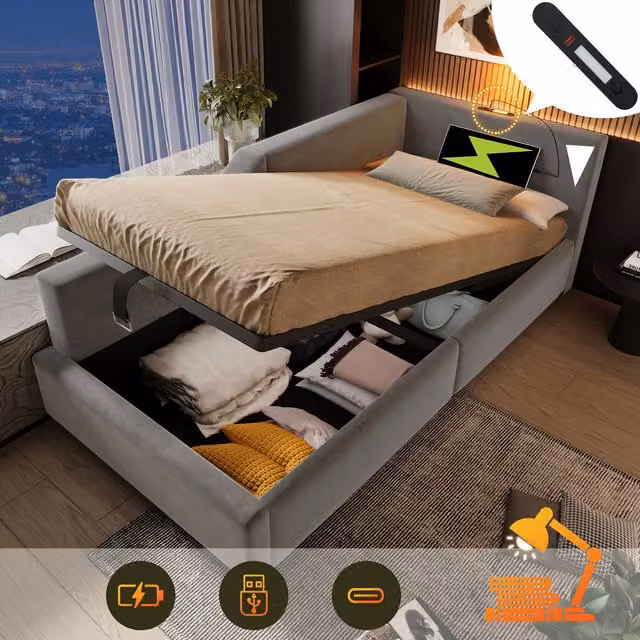 Sofá Cama Kellany Tapizado en Terciopelo Gris con Almacenamiento Hidráulico, Luz de Lectura y Puerto de Carga USB-C, An/P/Al: 90 x 200 x 100,5 cm