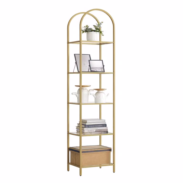 Estantería de 5 niveles VASAGLE con estantes de vidrio templado y marco de metal en color dorado y transparente para salón, dormitorio o baño