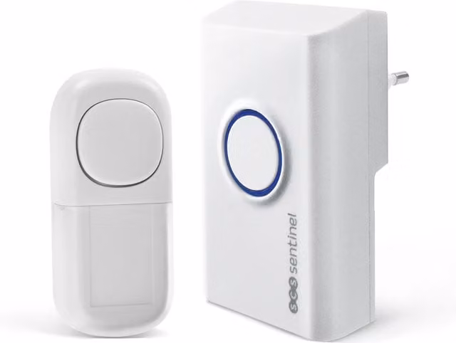 Timbre inalámbrico SCS Sentinel OneBell sin pilas con conexión a red eléctrica en color blanco y azul