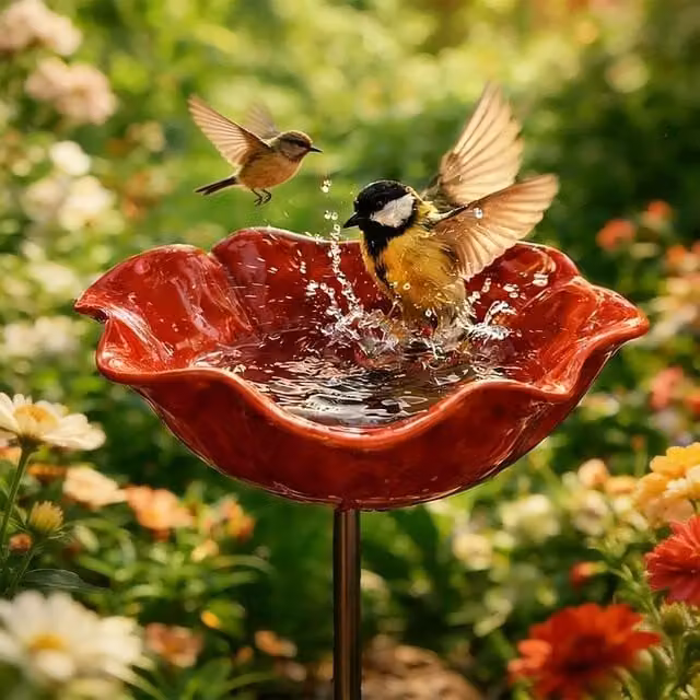 Baño de metal para pájaros y abejas con diseño floral LIIYIELA, estaca de jardín resistente al invierno, color rojo