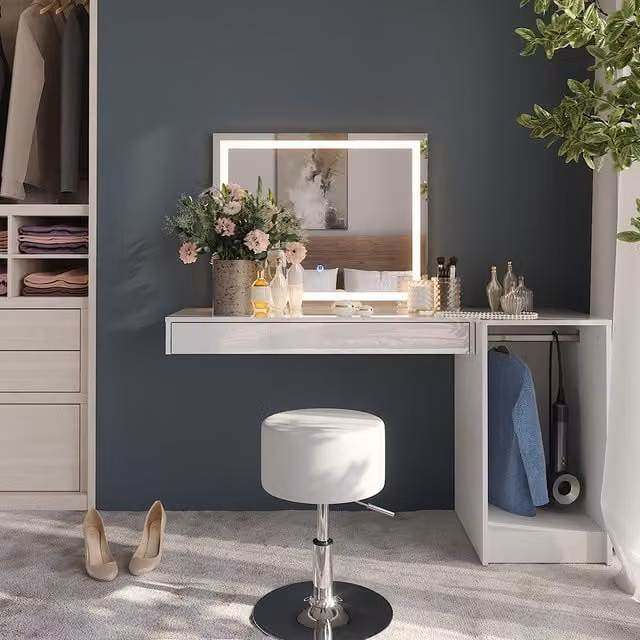Tocador Sherry Vicco Blanco con Espejo LED, Taburete y Módulo con Barra para Ropa
