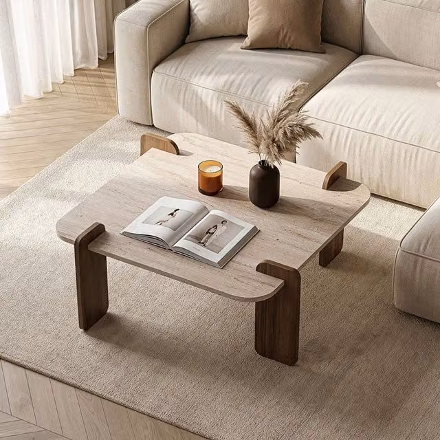 Mesa de centro cuadrada Concept-Usine con efecto travertino y acabado nogal en colores beige y marrón, An/P/Al: 90 x 90 x 35 cm