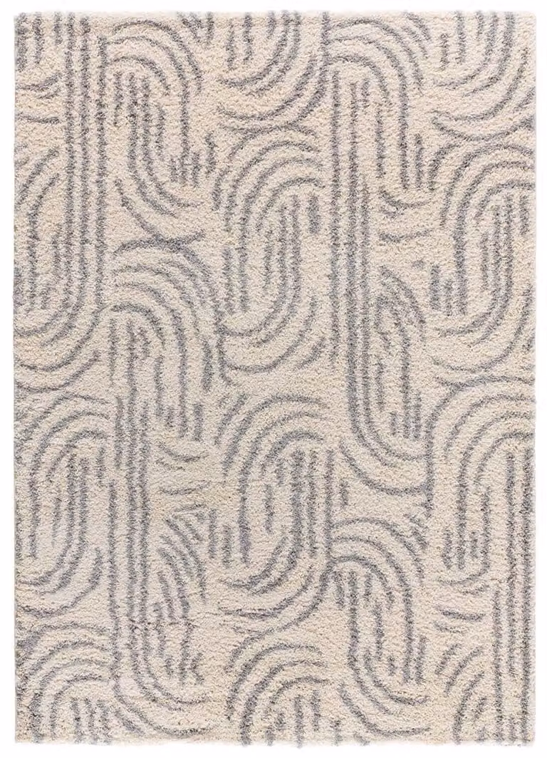 Alfombra de pelo largo escandinava Atticgo con diseño geométrico en gris, beige y plata, An/P: 160 x 230 cm