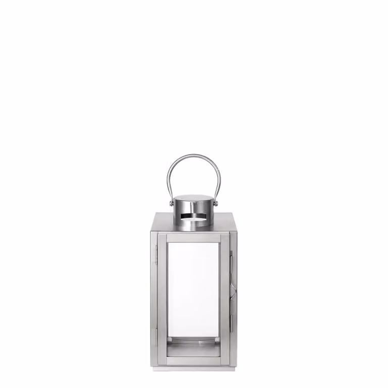 Farol decorativo de mesa Sia Deco en color plata con acabado de vidrio y metal de estilo minimalista, Altura: 25 cm