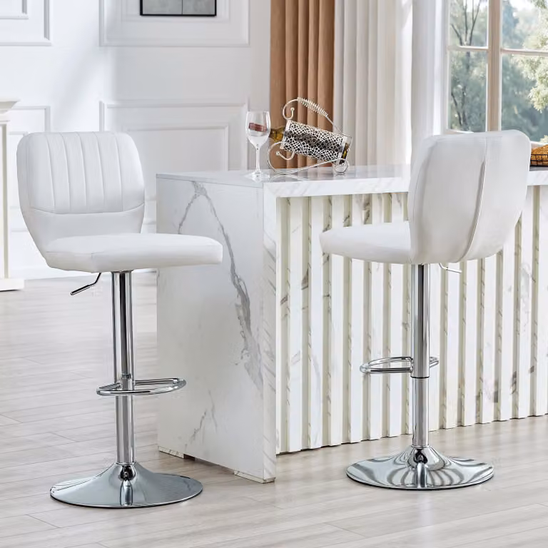 Taburete OKWISH con respaldo y reposapiés, diseño ergonómico con giro de 360 grados y altura ajustable, color blanco y plateado