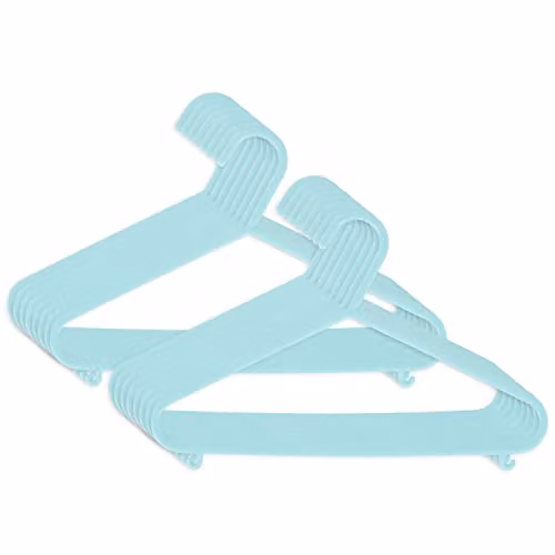 Pack de 16 perchas infantiles de plástico Bieco en color turquesa y azul con barra para ahorrar espacio