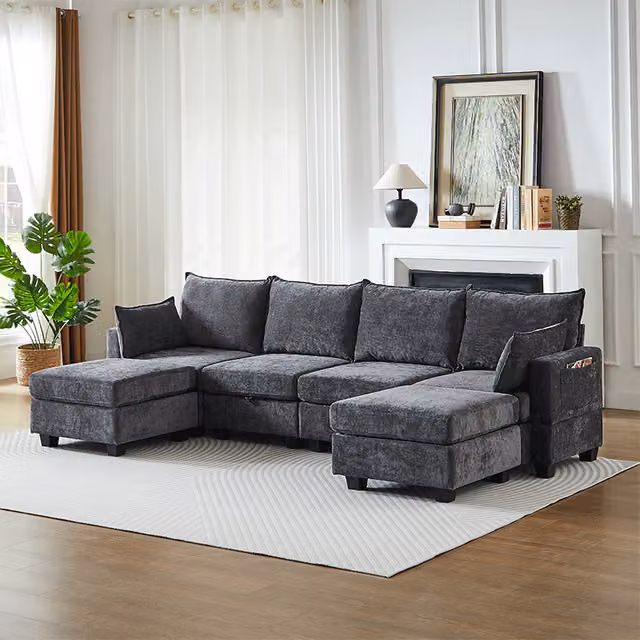 Sofá Modular de Chenilla KELLANY en Gris con Otomana de Almacenamiento, Diseño en Forma de U de 6 Plazas y Función de Cama Reversible para tu Salón