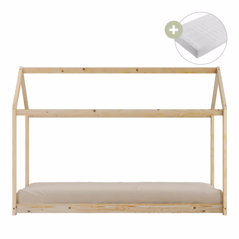 Cama cabaña Sunny para niños en madera de pino color beige, estilo escandinavo, An/P/Al: 206 x 98 x 154 cm