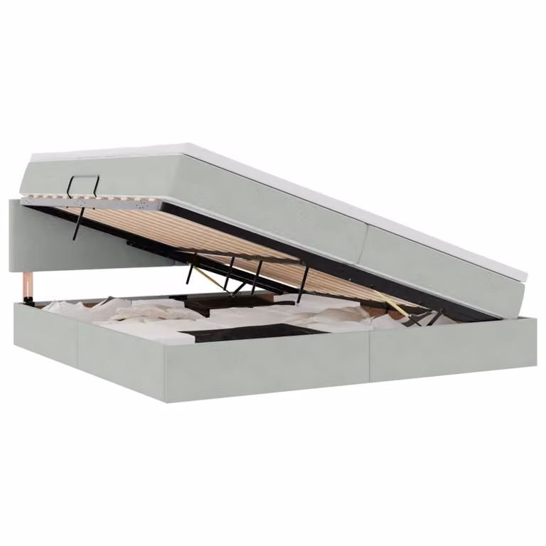 Cama de almacenamiento con base abatible vidaXL tapizada en gris con iluminación LED, puerto USB y colchón de muelles, 200 x 200 cm