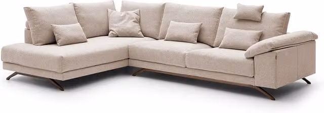 Sofá rinconera Aneka de El Corte Inglés de 5 plazas, tapizado en tejido beige con terminal izquierdo y cojines decorativos
