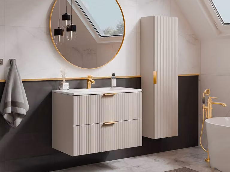 Mueble de baño suspendido estriado con lavabo y columna VENTE-UNIQUE beige An/P/Al: 80 x 46 x 66 cm