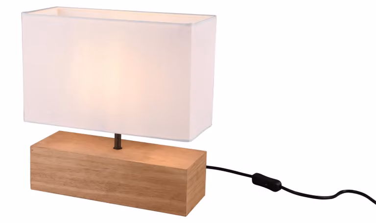 Lámpara de mesa Reality Leuchten Woody de diseño rectangular en color madera y blanco con pantalla textil y bombilla E27, An: 30.5 cm, Al: 12 cm