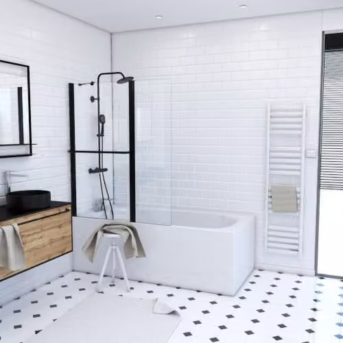 Biombo de bañera pivotante Aurlane con perfil de aluminio negro mate y cristal transparente An/P/Al: 130 x 105 cm
