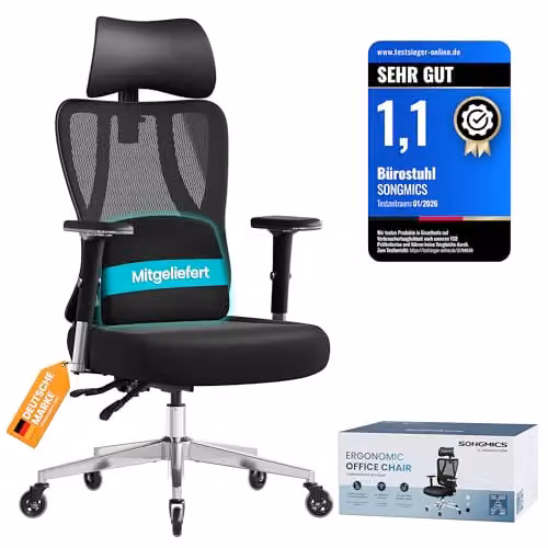 Silla de oficina ergonómica gaming SONGMICS en color negro con reposacabezas y soporte lumbar para adultos con capacidad de carga de 150 kg