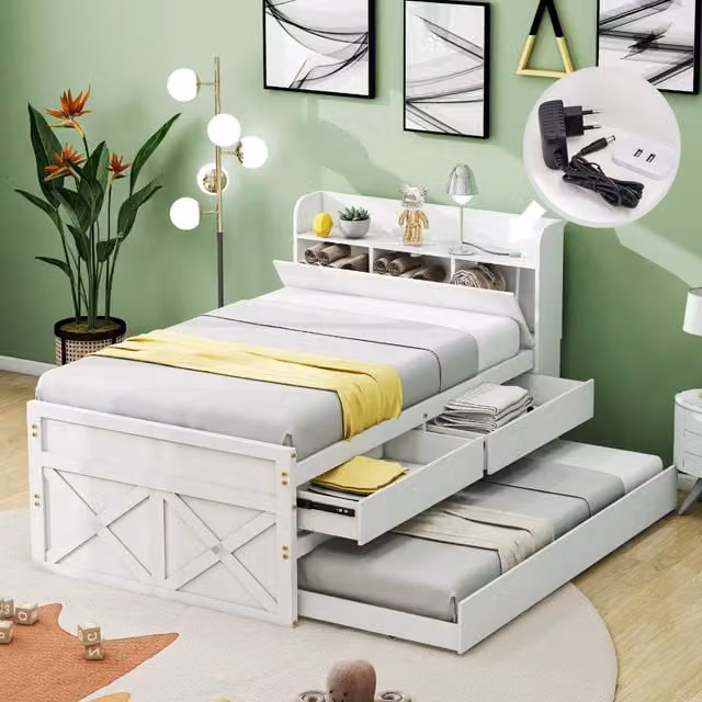 Cama Individual Kellany de Madera Maciza de Pino Blanca con Cajón Extraíble, Somier de Láminas y Mesita de Noche con Estantes y Puerto USB, An/P/Al: 90 x 190 cm