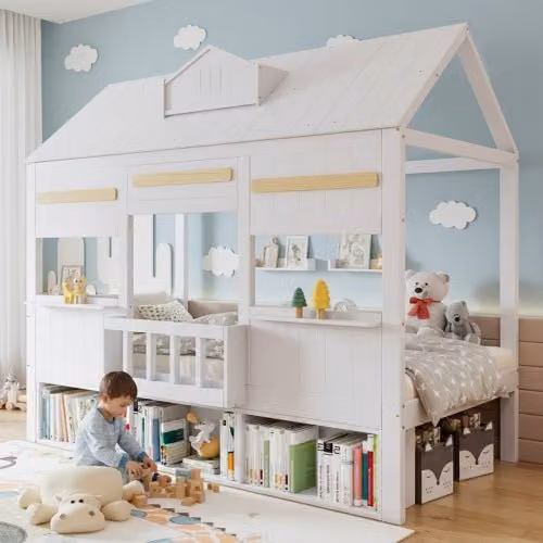 Cama cabaña infantil OKWISH de madera de pino y MDF en color blanco con estantes laterales, estilo escandinavo, An/P/Al: 90 x 200 x 103,1 cm