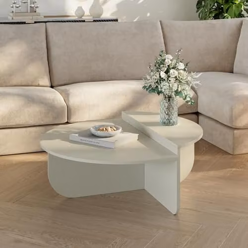 Mesa de centro en.casa Tondesdaslo con tablero doble semicircular, color arena, An/P/Al: 90 x 90 x 35 cm