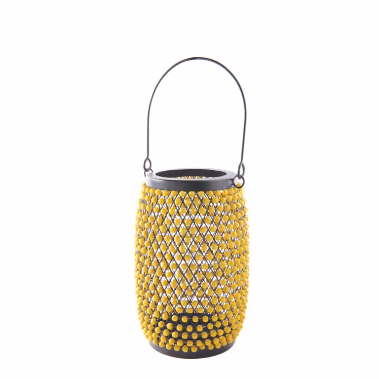 Farol decorativo de mesa Sia Deco en metal y cristal, color dorado y negro, forma redonda, Altura: 29 cm