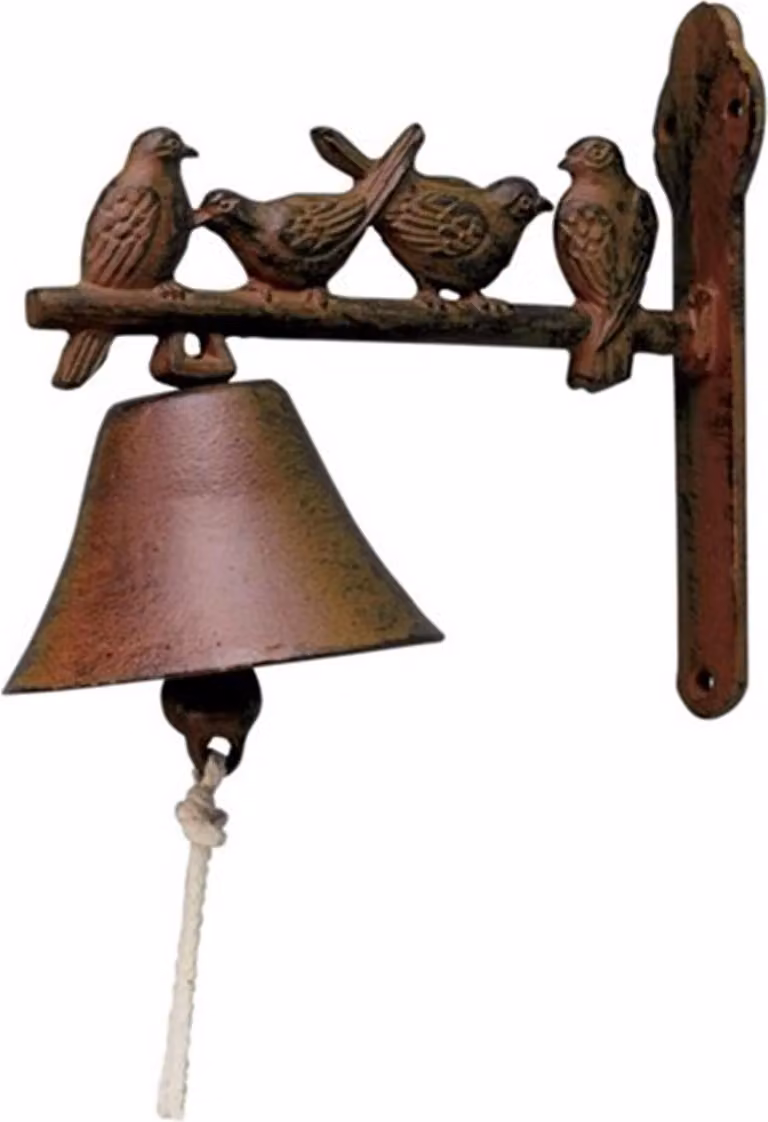 Timbre para puerta de Esschert Design con motivos de pájaros en hierro fundido color marrón y estilo rústico para montaje en pared