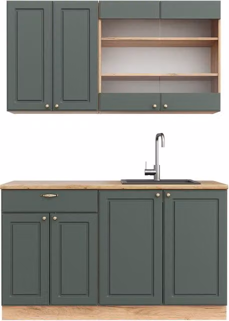 Cocina para solteros Vicco Fame-Line en color verde y roble con detalles dorados, An: 140 cm, Al: 81,6 cm, P: 51,6 cm