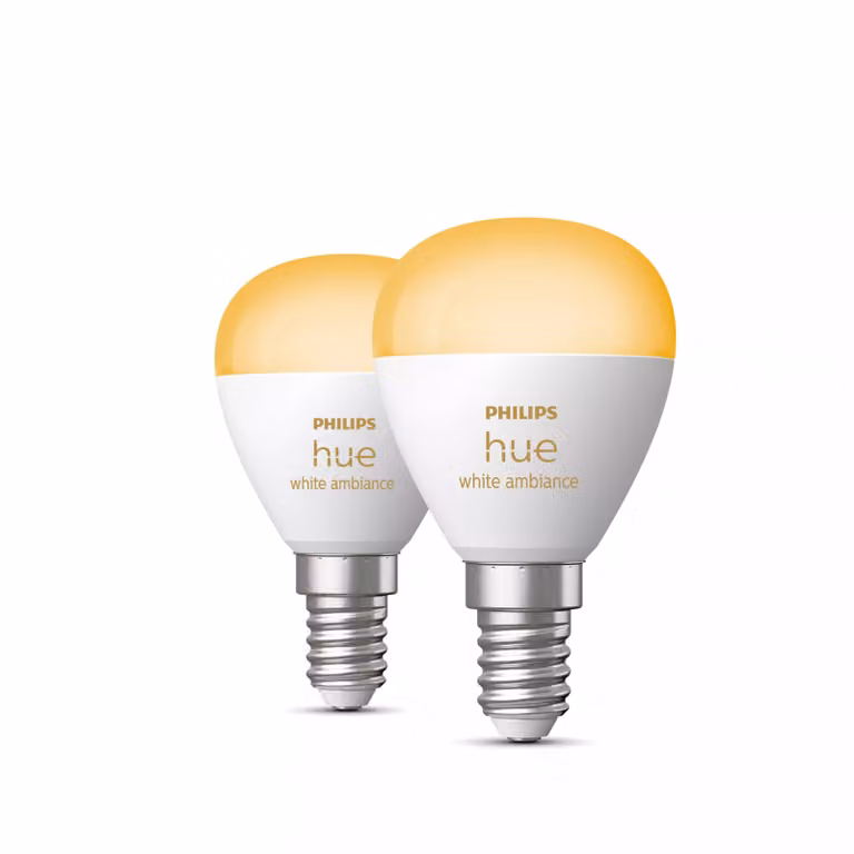 Pack de 2 bombillas inteligentes Philips Hue White Ambiance LED con casquillo E14, tecnología Zigbee y Bluetooth