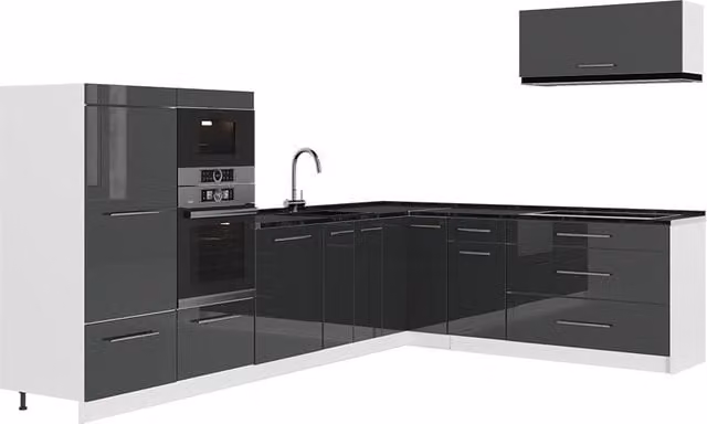 Cocina esquinera Vicco Fame-Line en antracita alto brillo y blanco, An/P/Al: 327 x 227 cm