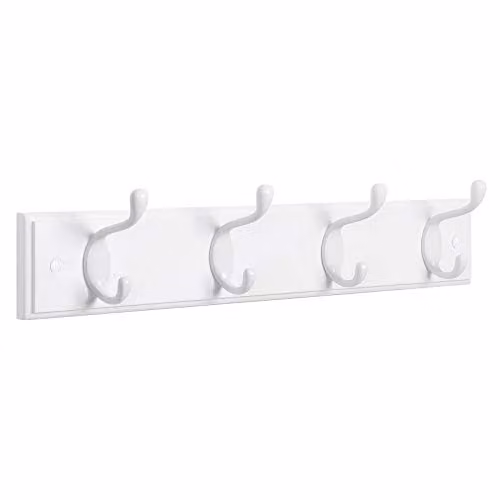 Perchero de pared SONGMICS con 4 ganchos dobles de metal y panel de MDF en color blanco, An/P: 40 x 9 cm